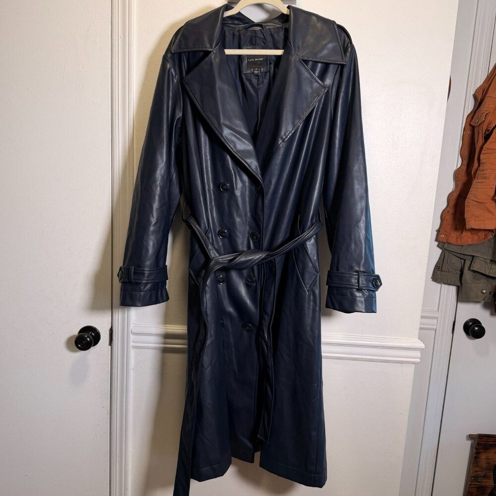 Lane Bryant Navy Faux Leather Trench Coat Plus 22 Belted Chic Retro Minimalist